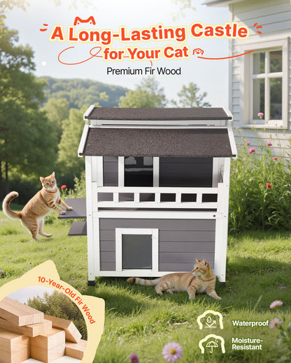 Insulated Cat House, 2-Story Wooden Cat Shelter, Foam Insulation, Feral Kitty Shelter with Balcony, Waterproof Cats Condos for Indoor & Outdoor 1-3 Cats in Winter 84 × 75 × 82 cm