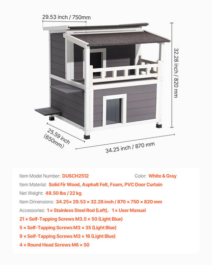 Insulated Cat House, 2-Story Wooden Cat Shelter, Foam Insulation, Feral Kitty Shelter with Balcony, Waterproof Cats Condos for Indoor & Outdoor 1-3 Cats in Winter 84 × 75 × 82 cm