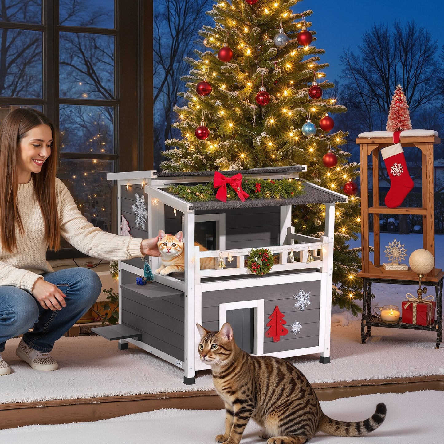Insulated Cat House, 2-Story Wooden Cat Shelter, Foam Insulation, Feral Kitty Shelter with Balcony, Waterproof Cats Condos for Indoor & Outdoor 1-3 Cats in Winter 84 × 75 × 82 cm