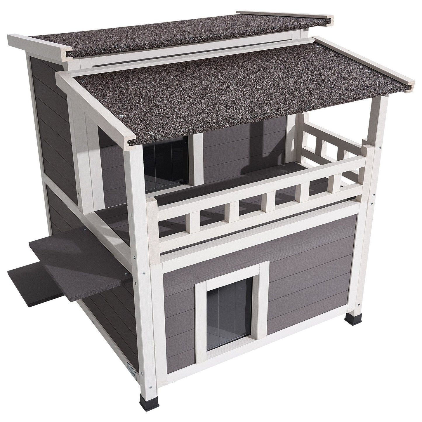 Insulated Cat House, 2-Story Wooden Cat Shelter, Foam Insulation, Feral Kitty Shelter with Balcony, Waterproof Cats Condos for Indoor & Outdoor 1-3 Cats in Winter 84 × 75 × 82 cm