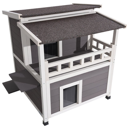 Insulated Cat House, 2-Story Wooden Cat Shelter, Foam Insulation, Feral Kitty Shelter with Balcony, Waterproof Cats Condos for Indoor & Outdoor 1-3 Cats in Winter 84 × 75 × 82 cm