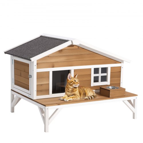 Insulated Cat House, All-Around Foam Insulation Elevated Cat Shelter, Wooden Feral Kitty Shelter with Large Platform, Waterproof Cats Condos for Indoor & Outdoor Cats in Winter 110 x 85 x 78 cm