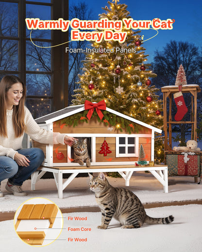Insulated Cat House, All-Around Foam Insulation Elevated Cat Shelter, Wooden Feral Kitty Shelter with Large Platform, Waterproof Cats Condos for Indoor & Outdoor Cats in Winter 110 x 85 x 78 cm