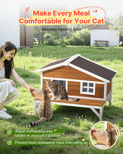 Insulated Cat House, All-Around Foam Insulation Elevated Cat Shelter, Wooden Feral Kitty Shelter with Large Platform, Waterproof Cats Condos for Indoor & Outdoor Cats in Winter 110 x 85 x 78 cm