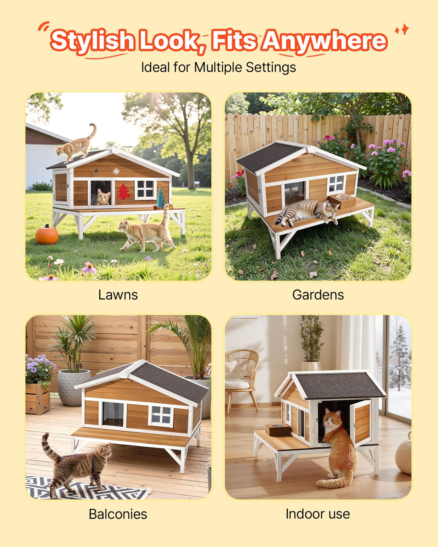 Insulated Cat House, All-Around Foam Insulation Elevated Cat Shelter, Wooden Feral Kitty Shelter with Large Platform, Waterproof Cats Condos for Indoor & Outdoor Cats in Winter 110 x 85 x 78 cm