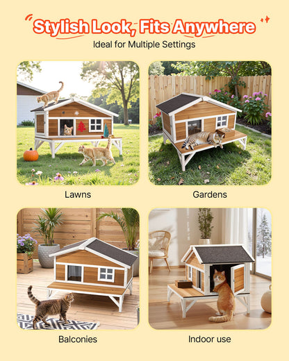 Insulated Cat House, All-Around Foam Insulation Elevated Cat Shelter, Wooden Feral Kitty Shelter with Large Platform, Waterproof Cats Condos for Indoor & Outdoor Cats in Winter 110 x 85 x 78 cm