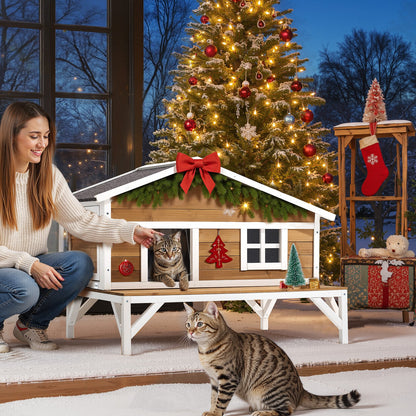 Insulated Cat House, All-Around Foam Insulation Elevated Cat Shelter, Wooden Feral Kitty Shelter with Large Platform, Waterproof Cats Condos for Indoor & Outdoor Cats in Winter 110 x 85 x 78 cm