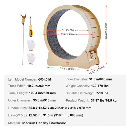 Cat Exercise Wheel, Large Cat Treadmill Wheel for Indoor Cats, 35.8 inch Cat Running Wheel with Detachable Carpet and Cat Teaser for Running/Walking/Training, Suitable for Most Cats