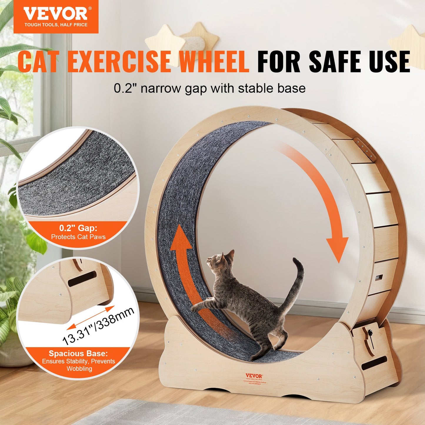Wooden Cat Exercise Wheel, 43.3" Large Cat Treadmill Wheel for Indoor Cats, Cat Running Wheel with Detachable Carpet & Cat Teaser for Running/Walking/Training, Suitable for Most Cats Yellow
