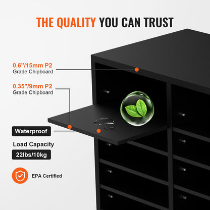 Wood Literature Organizer, 24 Compartments, File Sorter with Removable Shelves, Mailboxes Slot for Office Home Classroom Mailrooms Organization, EPA Certified, Black