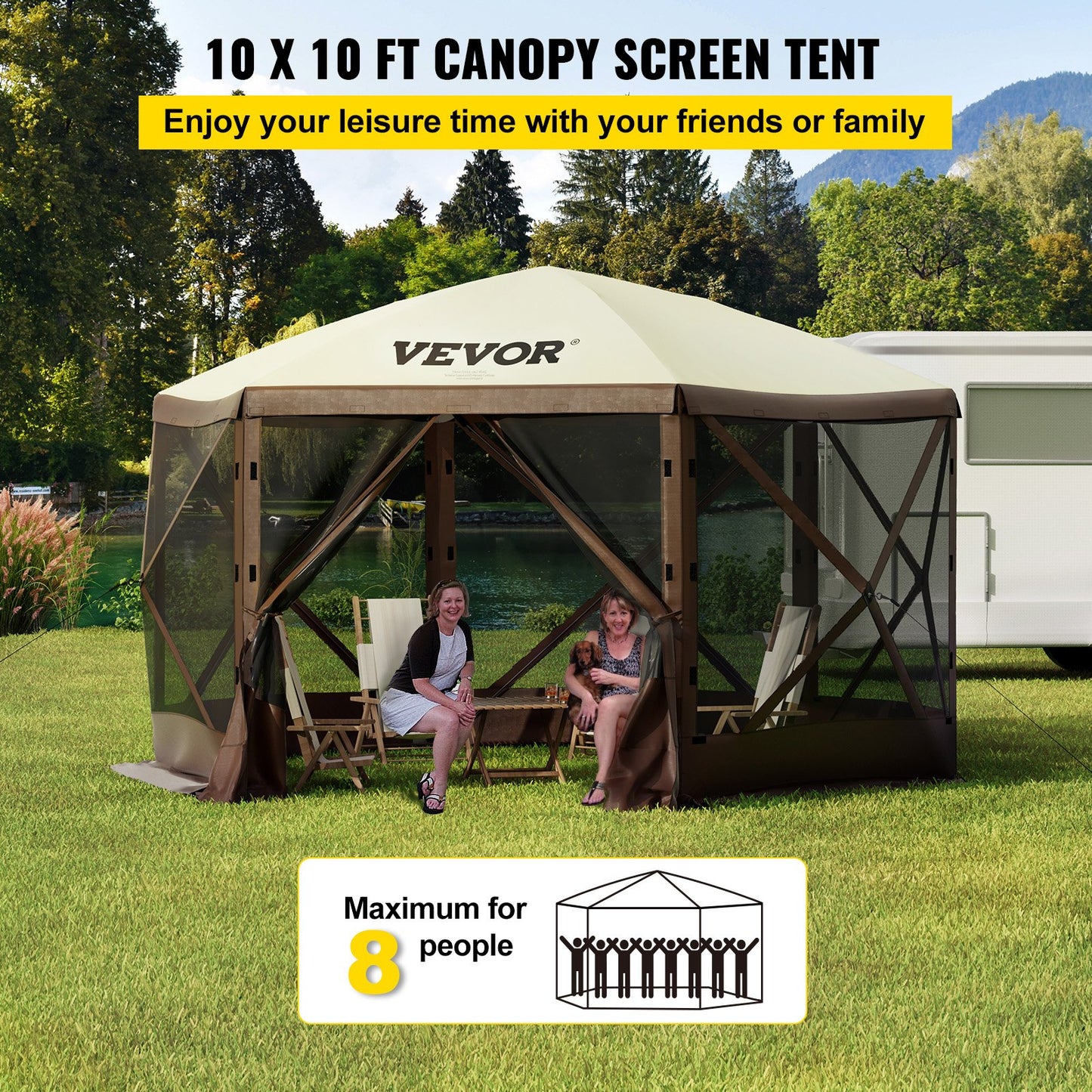 Pavillon-Sonnenschutzzelt, 3 x 3 m, 6-seitig, mit Moskitonetzfenstern, Tragetasche, Heringen, großes Sonnenschutzzelt für Camping, Garten und Terrasse