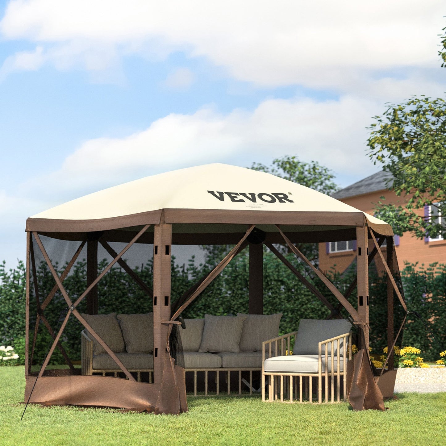 Pavillon-Sonnenschutzzelt, 3 x 3 m, 6-seitig, mit Moskitonetzfenstern, Tragetasche, Heringen, großes Sonnenschutzzelt für Camping, Garten und Terrasse