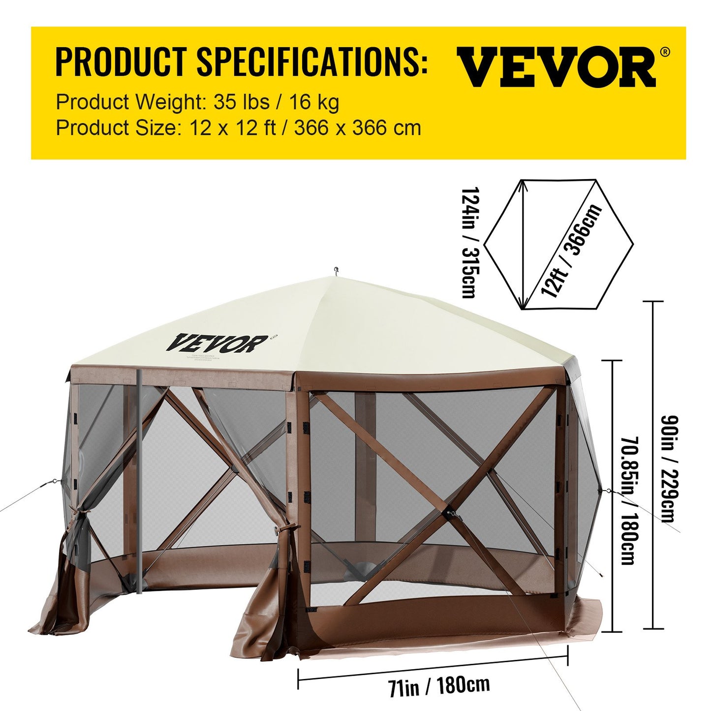 Gazebo Screen Tent, 12 x 12 ft, 6 Sided Pop-up Camping Canopy Shelter Tent with Mesh Windows, Portable Carry Bag, Ground Stakes, Large Shade Tents for Outdoor Camping, Lawn and Backyard