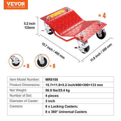 Wheel Dolly, 8000 lbs Capacity Heavy-Duty Steel Car Mover, Wheel Dolly Car Tire Stake Set with Brakes, Vehicle Moving Cart Moving Cars, Trucks, Trailers, Motorcycles, and Boats, Set of 4, Red