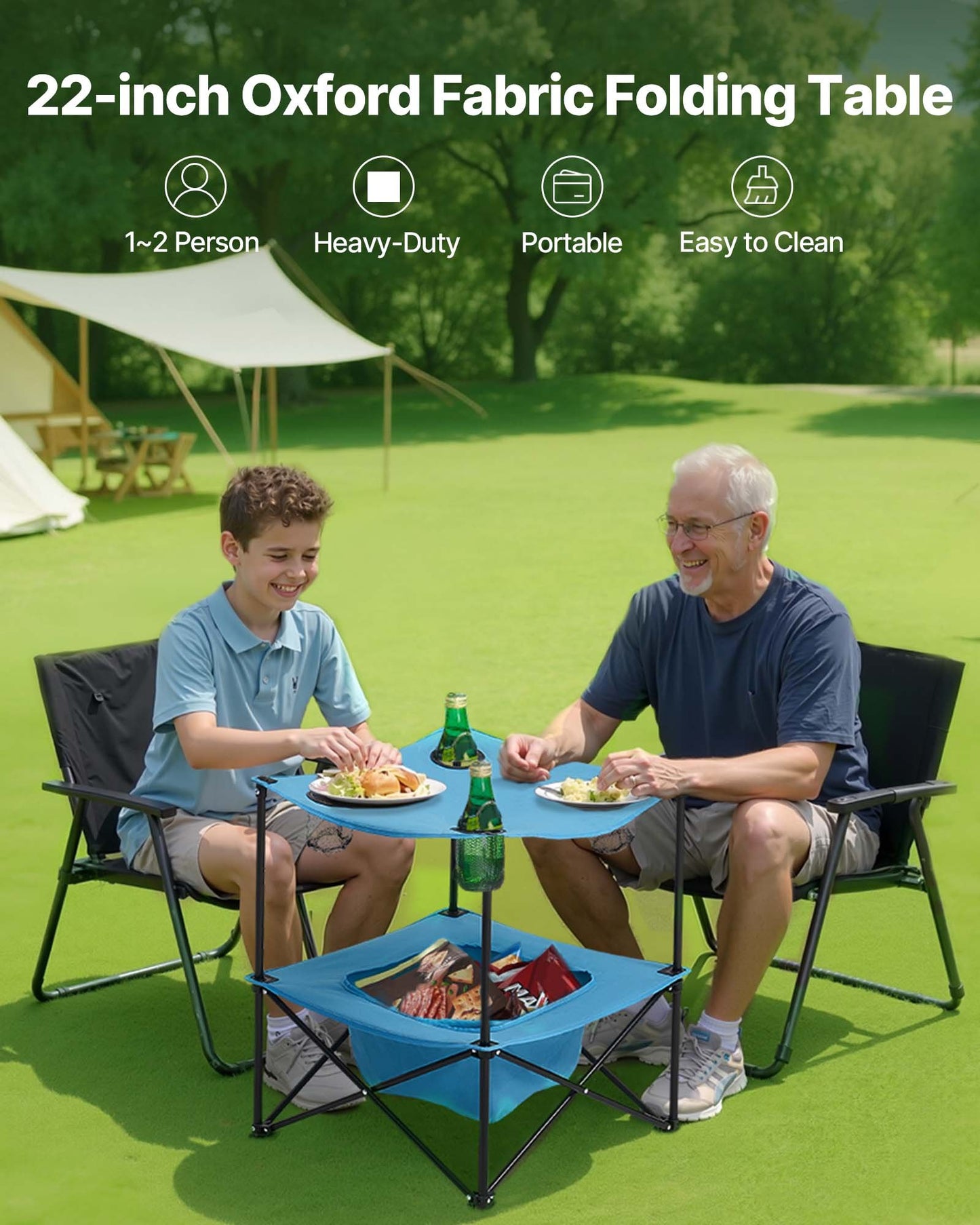 Klappbarer Campingtisch, tragbarer, leichter Picknicktisch für draußen, aus wasserdichtem 600D Oxford-Gewebe, mit 4 Getränkehaltern, Tragetasche, ideal für Camping, Picknick und Grillpartys, Blau