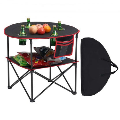 Klappbarer Campingtisch, tragbarer, leichter Picknicktisch für draußen, aus wasserdichtem 600D Oxford-Gewebe, mit 4 Getränkehaltern, Tragetasche, ideal für Camping, Grillen und Picknicks, Schwarz