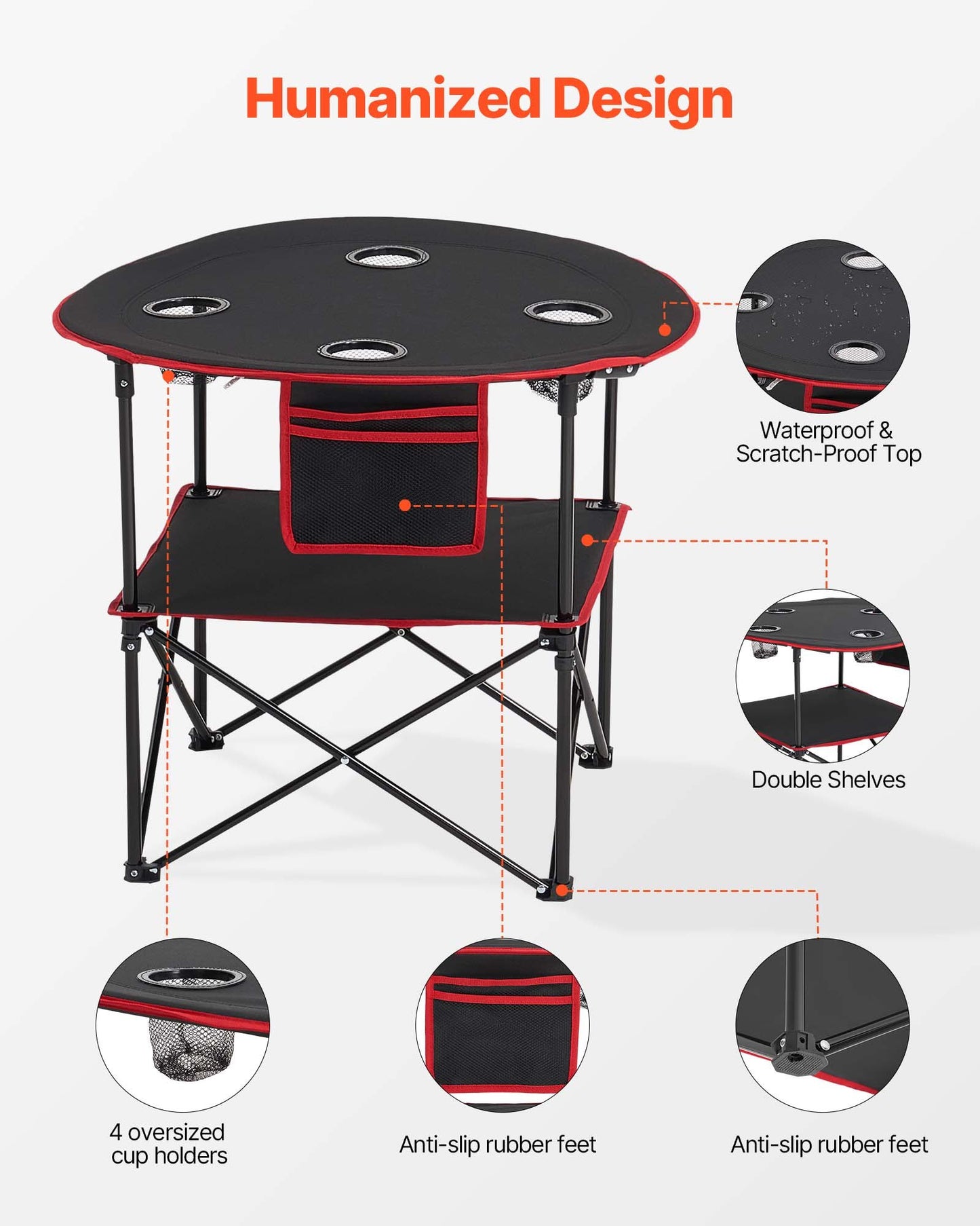 Klappbarer Campingtisch, tragbarer, leichter Picknicktisch für draußen, aus wasserdichtem 600D Oxford-Gewebe, mit 4 Getränkehaltern, Tragetasche, ideal für Camping, Grillen und Picknicks, Schwarz