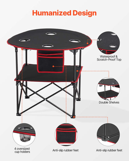 Klappbarer Campingtisch, tragbarer, leichter Picknicktisch für draußen, aus wasserdichtem 600D Oxford-Gewebe, mit 4 Getränkehaltern, Tragetasche, ideal für Camping, Grillen und Picknicks, Schwarz