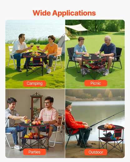 Klappbarer Campingtisch, tragbarer, leichter Picknicktisch für draußen, aus wasserdichtem 600D Oxford-Gewebe, mit 4 Getränkehaltern, Tragetasche, ideal für Camping, Grillen und Picknicks, Schwarz