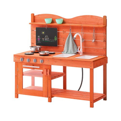 Mud Kitchen for Kids, Wooden Toy Play Kitchen Set, Outdoor Toddler Grocery Store Playset for Boys & Girls, Pretend Play Kitchen with Stoves, Sink, Faucet, Blackboard, Cookware Pots, Accessories
