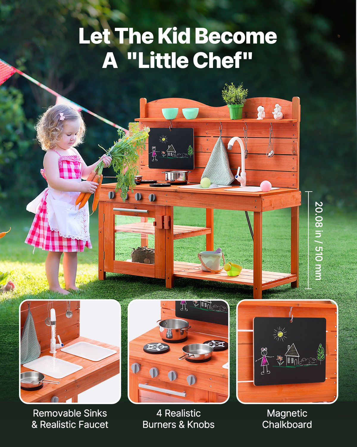 Mud Kitchen for Kids, Wooden Toy Play Kitchen Set, Outdoor Toddler Grocery Store Playset for Boys & Girls, Pretend Play Kitchen with Stoves, Sink, Faucet, Blackboard, Cookware Pots, Accessories