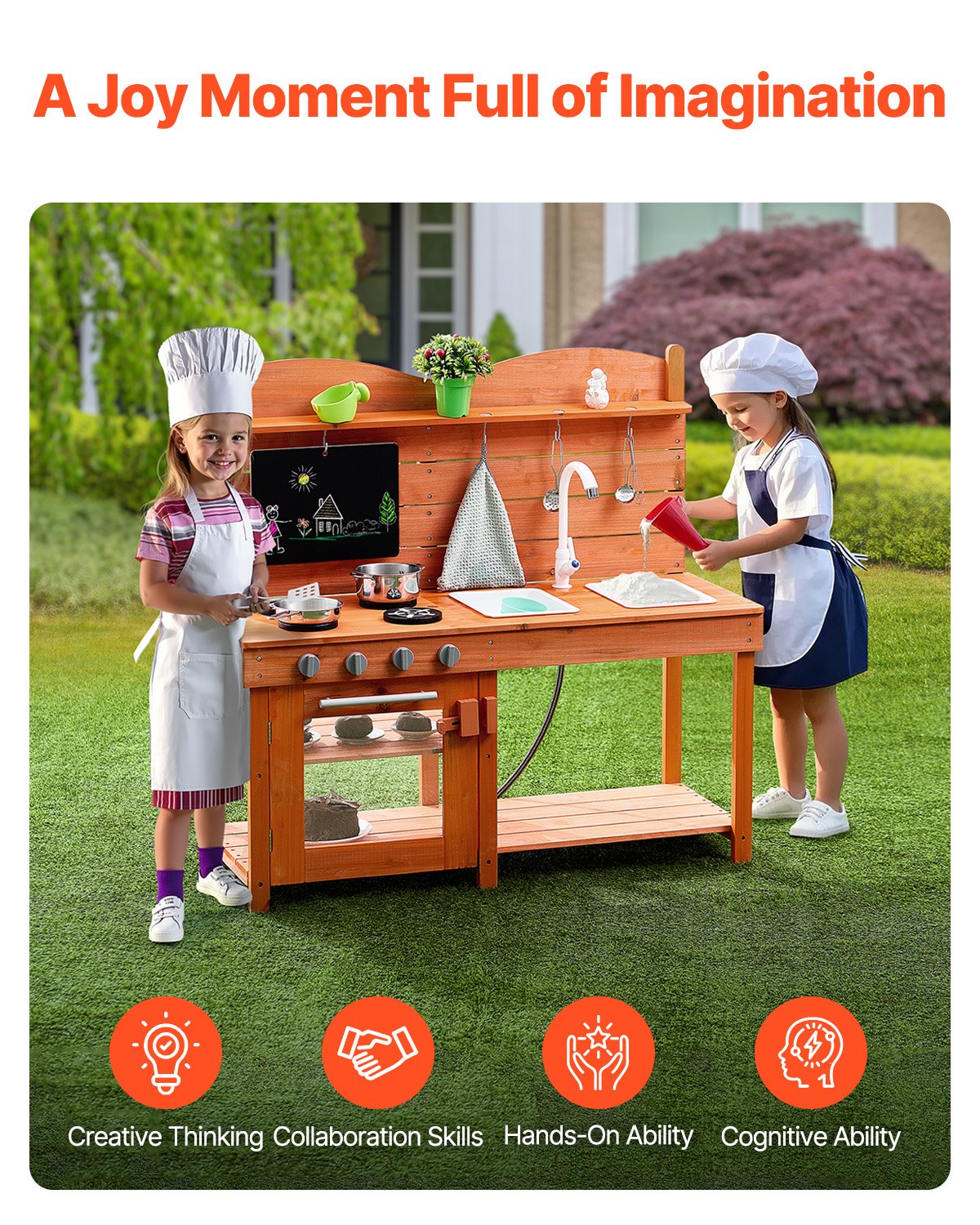 Mud Kitchen for Kids, Wooden Toy Play Kitchen Set, Outdoor Toddler Grocery Store Playset for Boys & Girls, Pretend Play Kitchen with Stoves, Sink, Faucet, Blackboard, Cookware Pots, Accessories