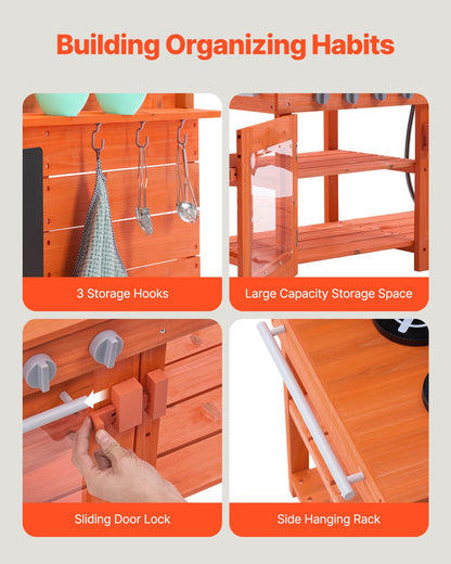 Mud Kitchen for Kids, Wooden Toy Play Kitchen Set, Outdoor Toddler Grocery Store Playset for Boys & Girls, Pretend Play Kitchen with Stoves, Sink, Faucet, Blackboard, Cookware Pots, Accessories