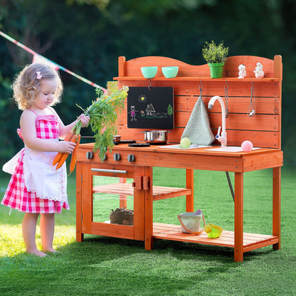Mud Kitchen for Kids, Wooden Toy Play Kitchen Set, Outdoor Toddler Grocery Store Playset for Boys & Girls, Pretend Play Kitchen with Stoves, Sink, Faucet, Blackboard, Cookware Pots, Accessories