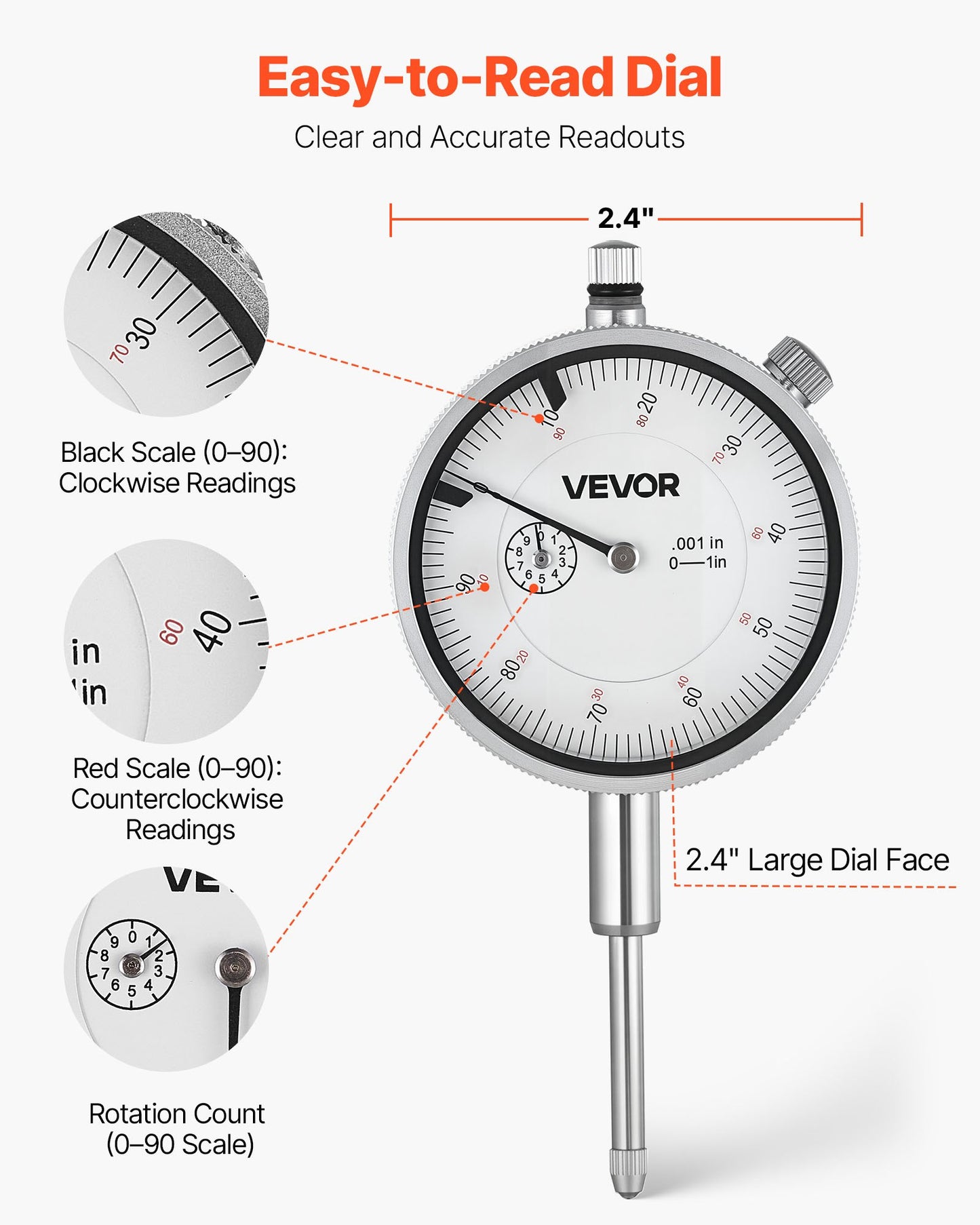 Dial Test Indicator with Metal Base, 0.03 mm Accuracy, 0-25.4mm Range, Easy to Read Large Dial, Professional for Narrow Area Measurement, Industrial Machining & Inspection, Precision Testing
