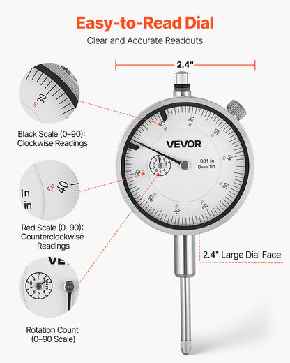 Dial Test Indicator with Metal Base, 0.03 mm Accuracy, 0-25.4mm Range, Easy to Read Large Dial, Professional for Narrow Area Measurement, Industrial Machining & Inspection, Precision Testing