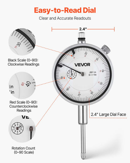 Dial Test Indicator, 0.03 mm Accuracy, 0-25.4mm Measuring Range, Easy to Read Large Dial, Professional for Internal Diameter Measurement, Runout Detection, Flatness Inspection