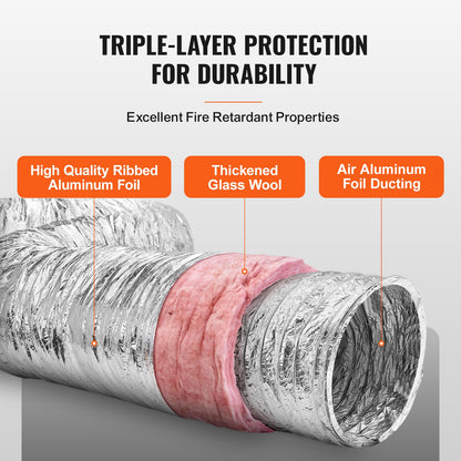 Dryer Vent Hose, 152.4MM Insulated Flexible Duct 7.62M Long with 2 Duct Clamps, Heavy-Duty Three Layer Protection for HVAC Heating Cooling Ventilation and Exhaust, R-6.0 Flame Resistance Value