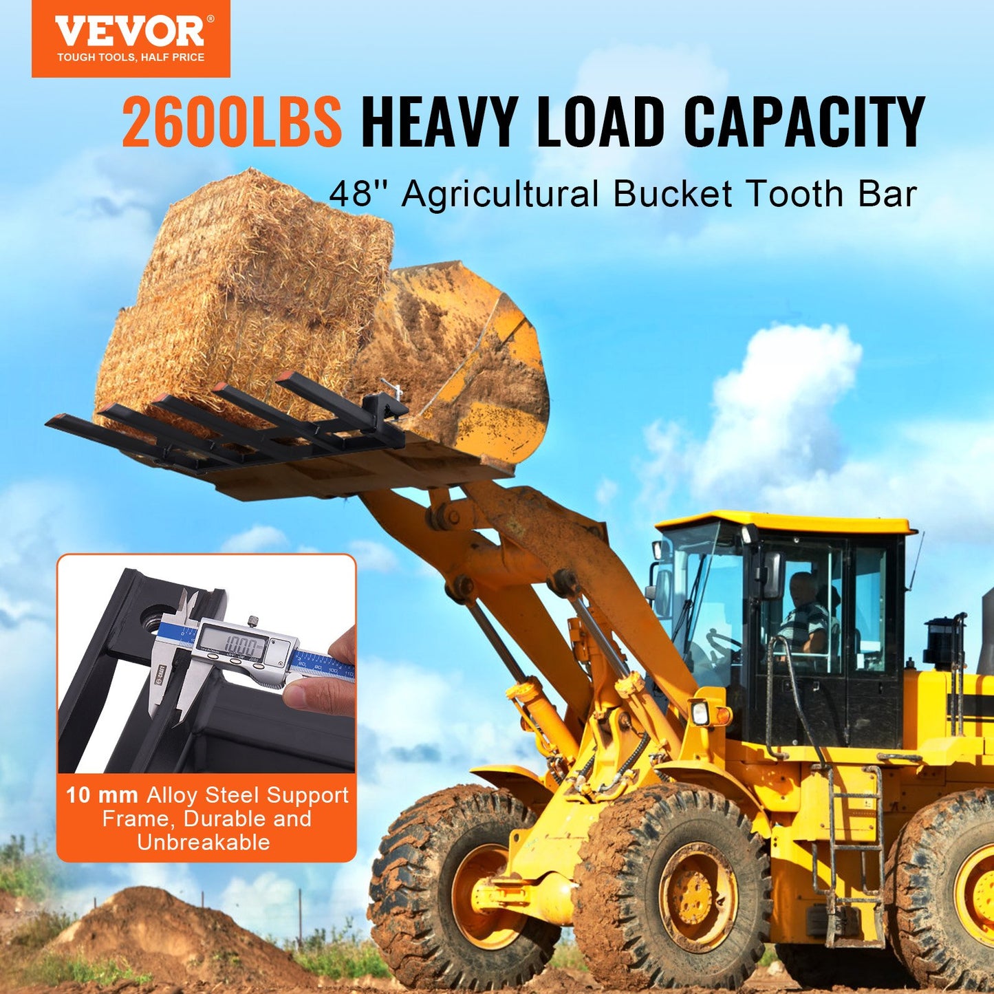 Aufsteckbare Schuttgabeln für 48-Zoll-Schaufeln, 2600 lbs Tragfähigkeit, robuste, aufsteckbare Palettengabeln für Schaufeln, passend für Lader, Kompaktlader und Traktoren zum Aufräumen von Ästen, Schutt oder Gartenabfällen