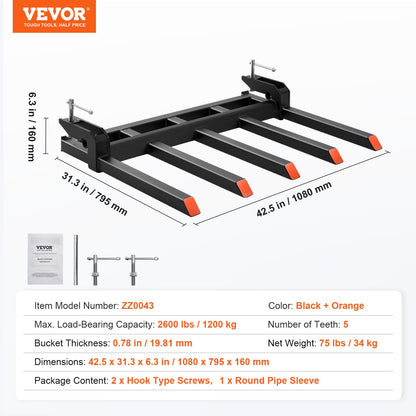 Aufsteckbare Schuttgabeln für 48-Zoll-Schaufeln, 2600 lbs Tragfähigkeit, robuste, aufsteckbare Palettengabeln für Schaufeln, passend für Lader, Kompaktlader und Traktoren zum Aufräumen von Ästen, Schutt oder Gartenabfällen