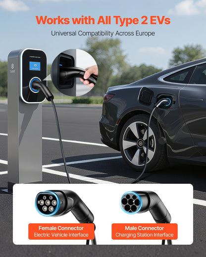 EV Charger Extension Cable, 16Amp 10 m Max 11 kW Extension Cord Compatible with All Type 2 Electric Vehicle Chargers, 3-Phase AC 480V 50Hz IP65 Heavy Duty Car Charging Cable with Carrying Bag