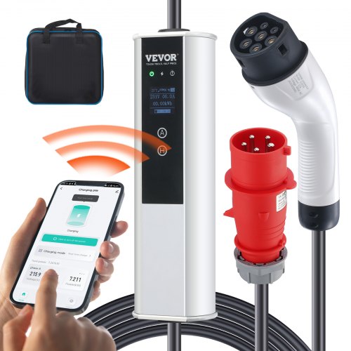 Portable EV Charger Type 2, 32A 7.36 kW/22 kW, Electric Vehicle Car Charger with 7.5 M Charging Cable CEE 32 Plug LCD, IEC 62196 Home EV Charging Station with Carry Bag Charging Cable Hook, IP66