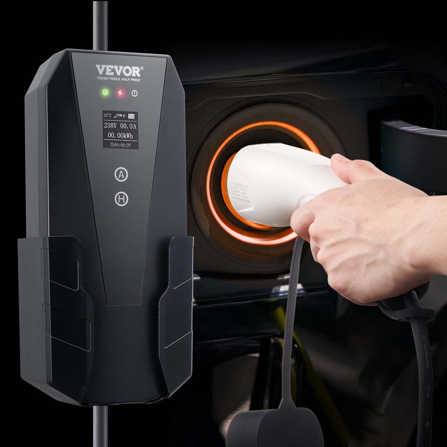 Portable EV Charger Type 2, 16A 3.7 kW, Electric Vehicle Car Charger with 8.6 m Charging Cable CEE 7/7 Plug LCD Screen, IEC 62196 Home EV Charging Station with Carry Bag Charging Cable Hook, IP66