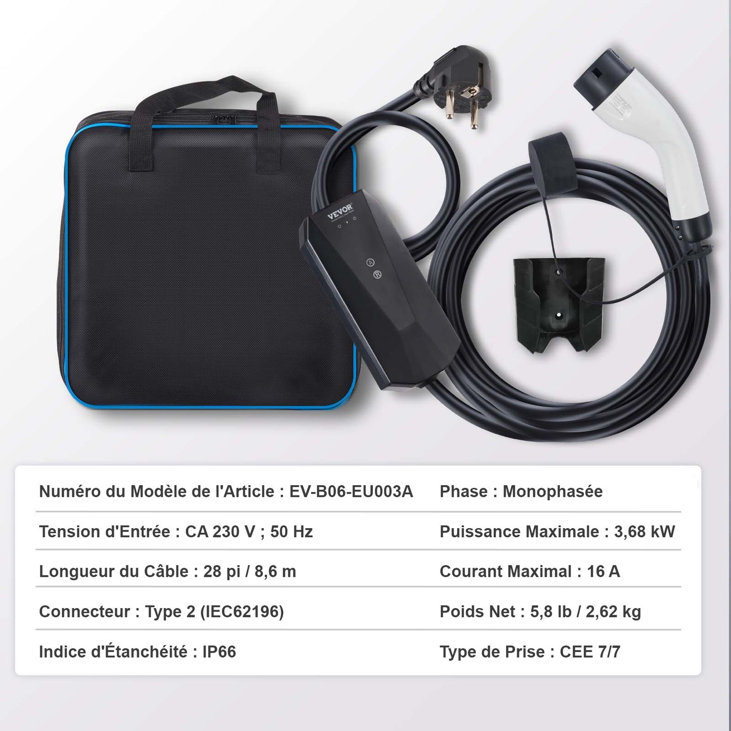 Portable EV Charger Type 2, 16A 3.7 kW, Electric Vehicle Car Charger with 8.6m Charging Cable CEE 7/7 Plug, IEC 62196 Home EV Charging Station with Storage Bag Charging Cable Hook, IP66