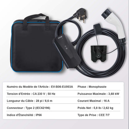 Portable EV Charger Type 2, 16A 3.7 kW, Electric Vehicle Car Charger with 8.6m Charging Cable CEE 7/7 Plug, IEC 62196 Home EV Charging Station with Storage Bag Charging Cable Hook, IP66