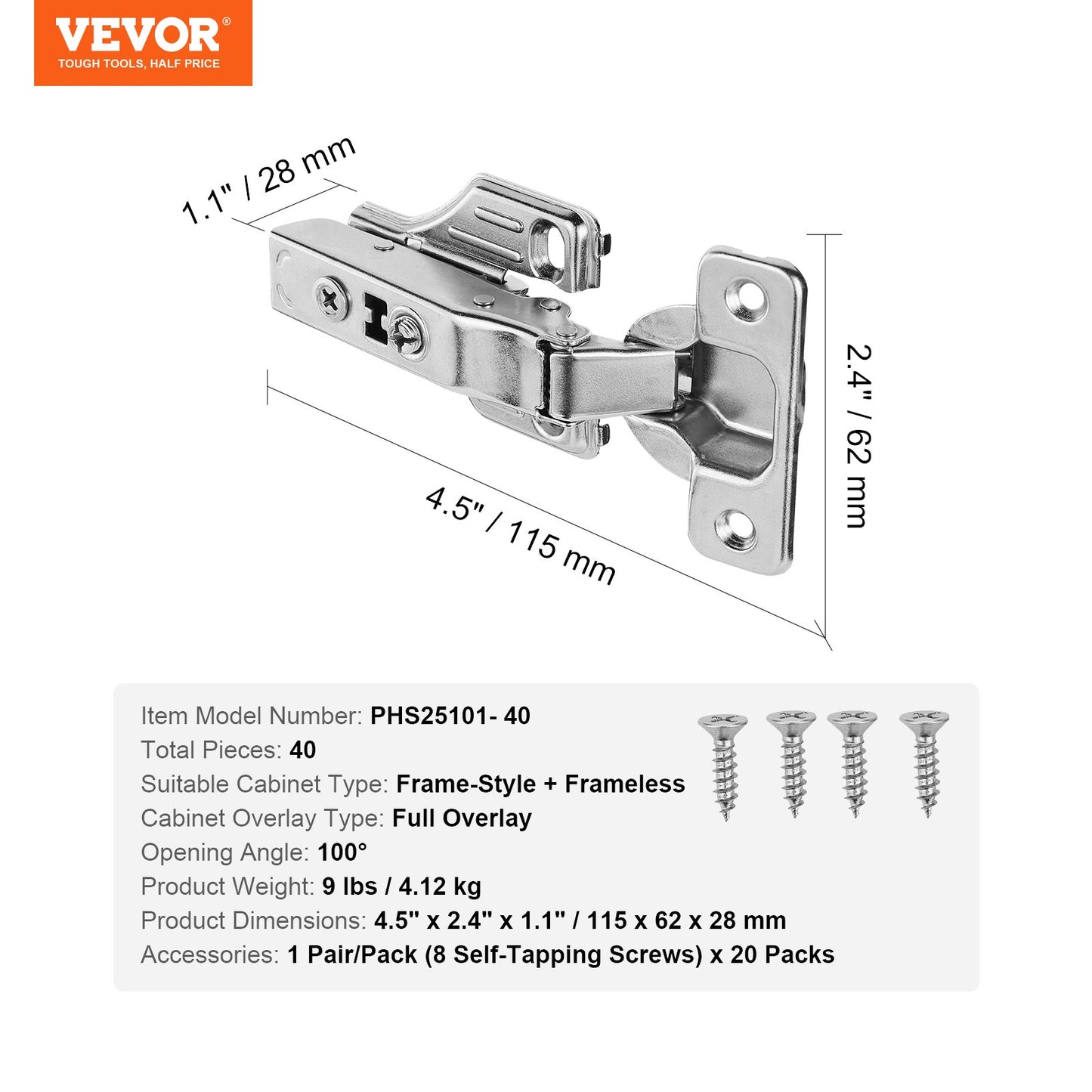 Cabinet Hinges, 40 Packs Full Overlay Kitchen Cabinet Door Hinges, 100 Degree Opening Angel Soft Close Concealed Cupboard Hinges for Framed + Frameless Cabinet Type, with Mounting Screws