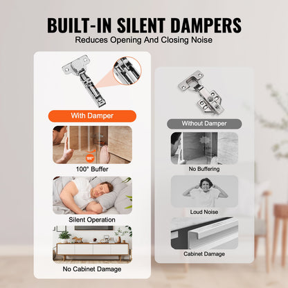 Cabinet Hinges, 50 Packs Full Overlay Kitchen Cabinet Door Hinges, 100 Degree Opening Angel Soft Close Concealed Cupboard Hinges for Frameless Cabinet Type, with Mounting Screws