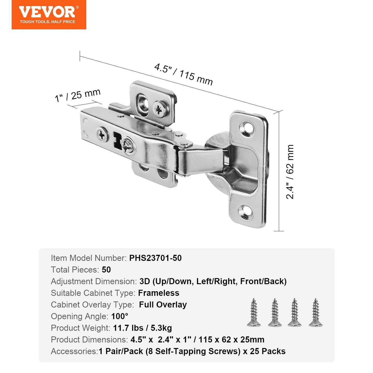 Cabinet Hinges, 50 Packs Full Overlay Kitchen Cabinet Door Hinges, 100 Degree Opening Angel Soft Close Concealed Cupboard Hinges for Frameless Cabinet Type, with Mounting Screws