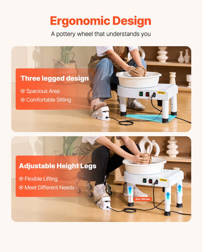 Pottery Wheel, 28 cm Ceramic Wheel Forming Machine, 60-300 RPM Speed Adjustable Foot Pedal, Adjustable Lift Leg, Detachable Basin, Complete Tool Accessory Kit for Work Art Craft DIY, White
