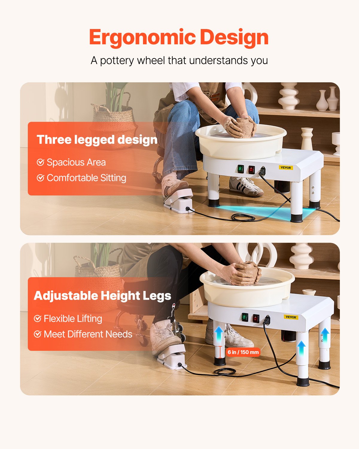 Pottery Wheel, 35 cm Ceramic Wheel Forming Machine, 60-300 RPM Speed Adjustable Foot Pedal, Adjustable Lift Leg, Detachable Basin, Complete Tool Accessory Kit for Work Art Craft DIY, White