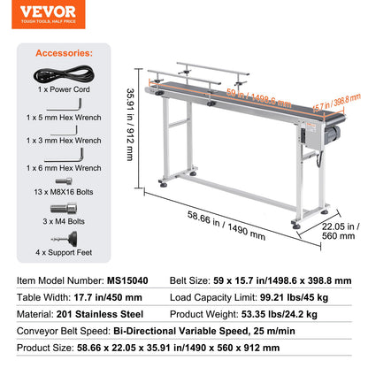 Belt Conveyor, 59 x 15.7 inch Conveyor Table, Heavy Duty Stainless Steel Motorized Belt Conveyor for Inkjet Coding Applications Powered PVC Belt Anti-Static Adjustable Speed (Double Guardrail)