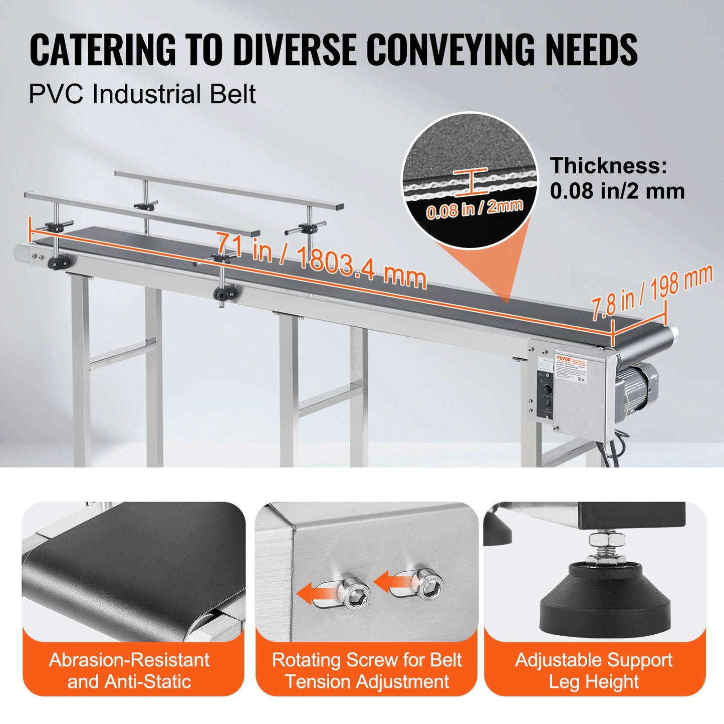 Belt Conveyor, 71 x 7.8 inch Conveyor Table, Heavy Duty Stainless Steel Motorized Belt Conveyor for Inkjet Coding Applications Powered PVC Belt Anti-Static Adjustable Speed (Double Guardrail)