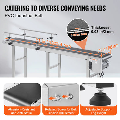 Belt Conveyor, 71 x 7.8 inch Conveyor Table, Heavy Duty Stainless Steel Motorized Belt Conveyor for Inkjet Coding Applications Powered PVC Belt Anti-Static Adjustable Speed (Double Guardrail)