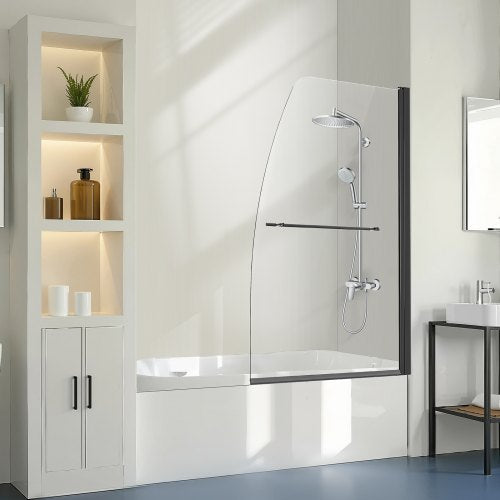 Frameless Bathtub Shower Door, 34 in. W x 55 in. H, Half Shower Door for Bathtub, 180° Rotatable Tempered Glass Door, Half Shower Door with 1/4 in Tempered Glass Bathroom Shower Screen, Black