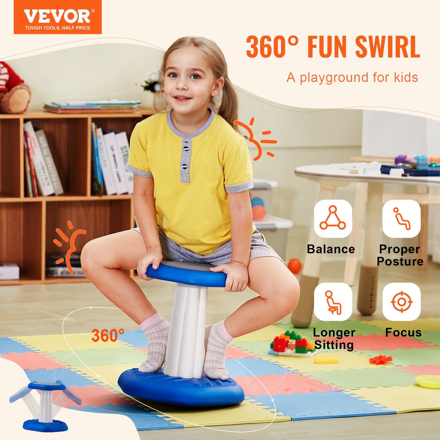 Kids Wobble Chair, Active Chair with Sponge Cushion, Wobble Stool Improves Focus, Posture and Calm Children, Ideal for Schools and Preschools, Age 3-7, Blue