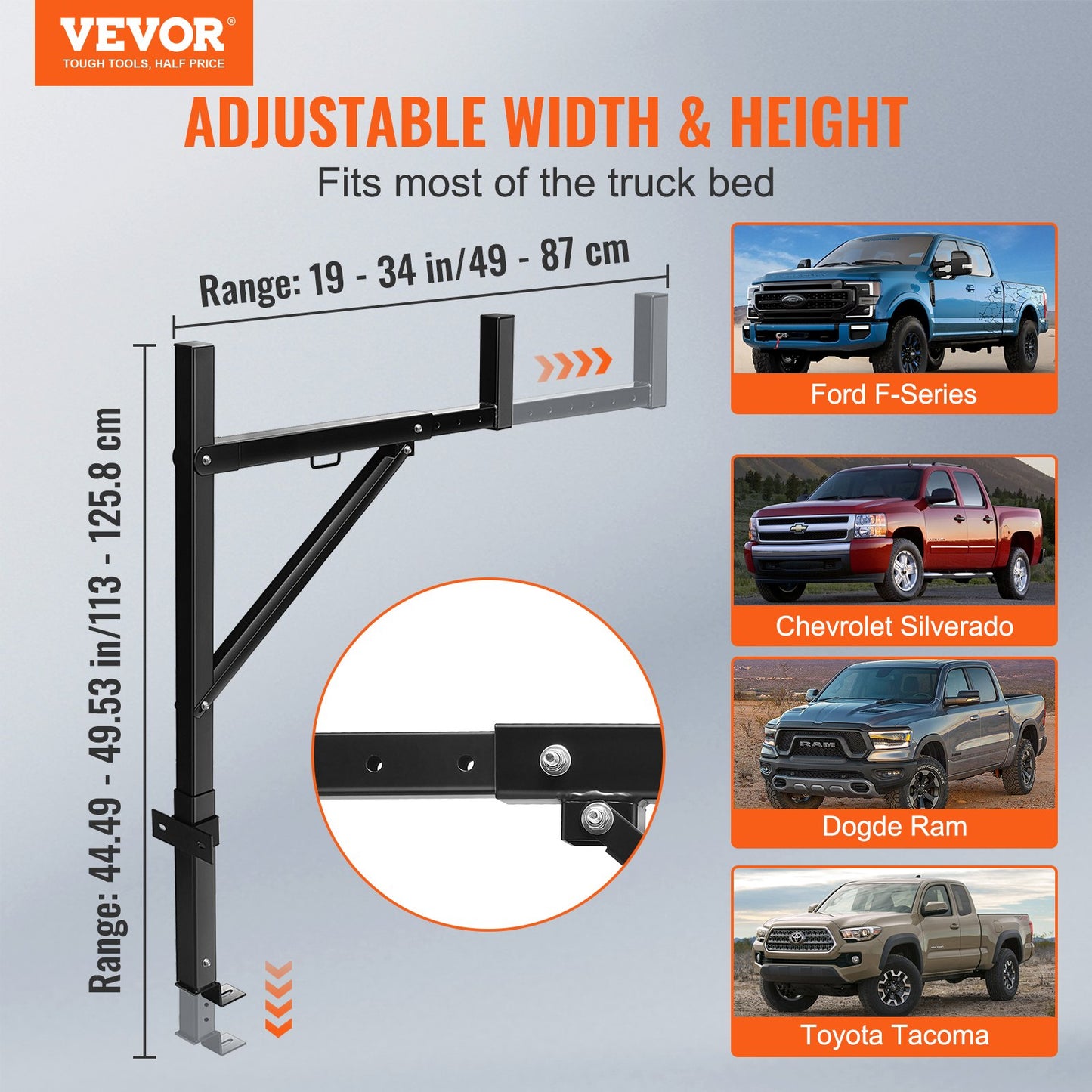 Truck Rack, 19-34inch Extendable Truck Ladder Rack, 38.6"-43.6" Adjustable Height, 250 lbs Capacity Steel Ladder Rack for Truck, Heavy Duty Truck Bed Rack for Kayak, Surfboard, Lumber, Ladder